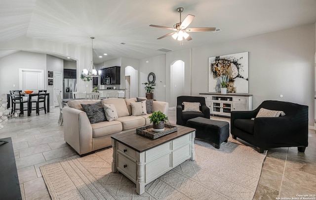 25725 Two Spgs, San Antonio, TX 78255 - living room featuring arched walkways, a chandelier, a ceiling fan, and recessed lighting