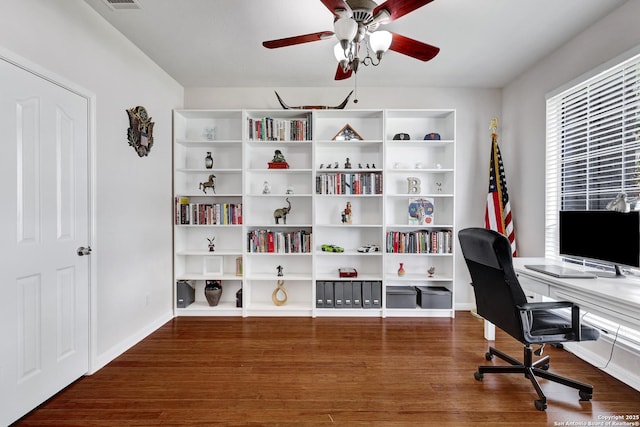 20607 Wild Spgs, San Antonio, TX 78258 - office featuring wood finished floors, a ceiling fan, and baseboards