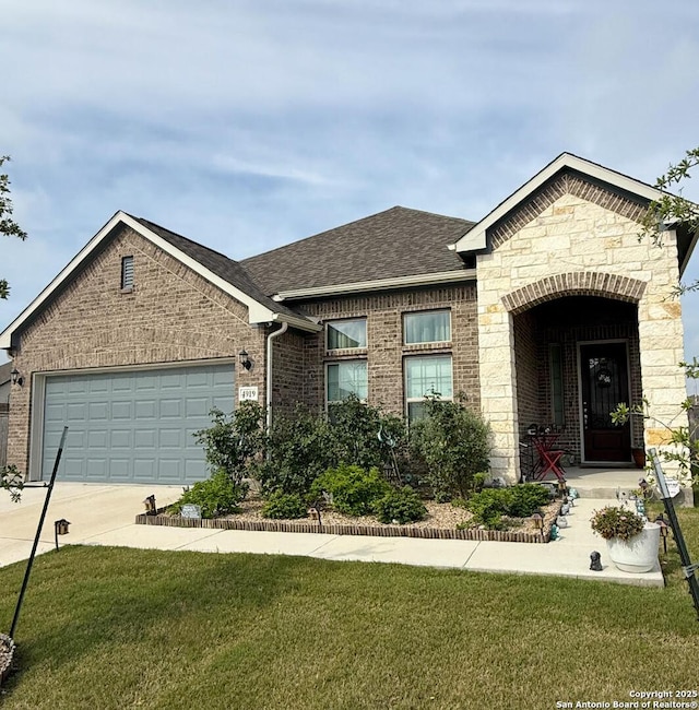 4919 Village Park, Marion, TX 78124 - view of front facade featuring a garage, a front lawn, brick siding, and driveway