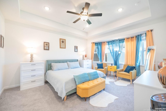 4919 Village Park, Marion, TX 78124 - bedroom with a raised ceiling, light carpet, recessed lighting, ceiling fan, and baseboards