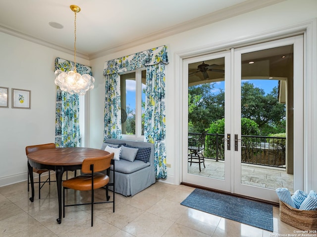 52 Oakland Hls, Boerne, TX 78006 - dining space featuring french doors, ornamental molding, baseboards, a ceiling fan, and light tile patterned floors