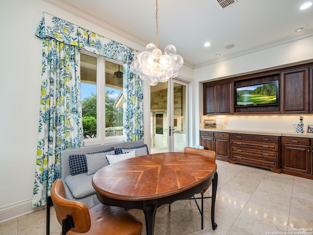 52 Oakland Hls, Boerne, TX 78006 - dining space with ornamental molding, a chandelier, light tile patterned floors, baseboards, and recessed lighting