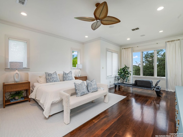 52 Oakland Hls, Boerne, TX 78006 - bedroom featuring ornamental molding, wood finished floors, recessed lighting, a ceiling fan, and baseboards