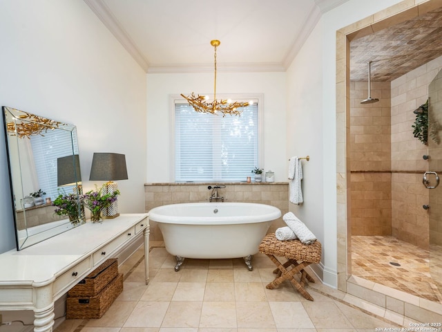 52 Oakland Hls, Boerne, TX 78006 - full bath featuring ornamental molding, tiled shower, a chandelier, a freestanding bath, and tile patterned flooring