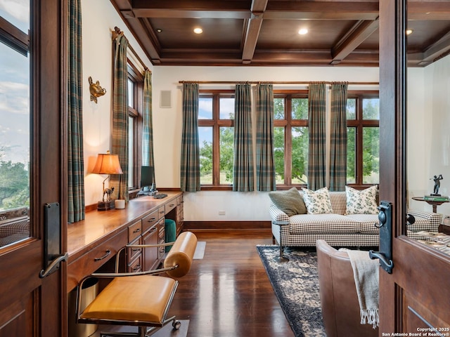 52 Oakland Hls, Boerne, TX 78006 - living area with dark wood finished floors, baseboards, beam ceiling, coffered ceiling, and crown molding