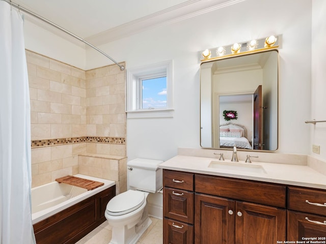 52 Oakland Hls, Boerne, TX 78006 - bathroom with ornamental molding, ensuite bathroom, vanity, toilet, and shower / bathtub combination with curtain