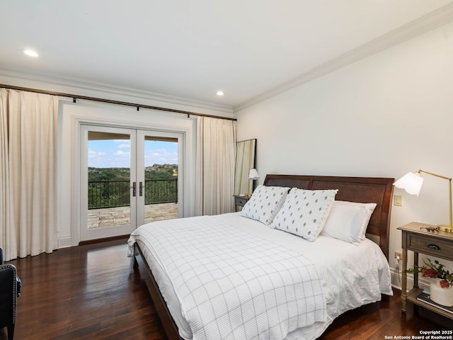 52 Oakland Hls, Boerne, TX 78006 - bedroom with access to outside, french doors, crown molding, wood finished floors, and recessed lighting