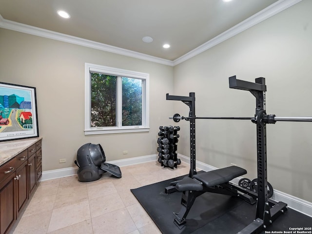 52 Oakland Hls, Boerne, TX 78006 - workout area with ornamental molding, baseboards, recessed lighting, and light tile patterned flooring