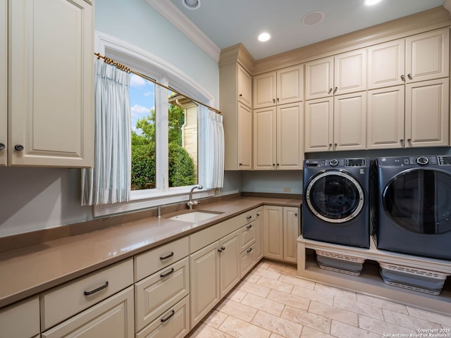 52 Oakland Hls, Boerne, TX 78006 - washroom with cabinet space, separate washer and dryer, recessed lighting, and crown molding
