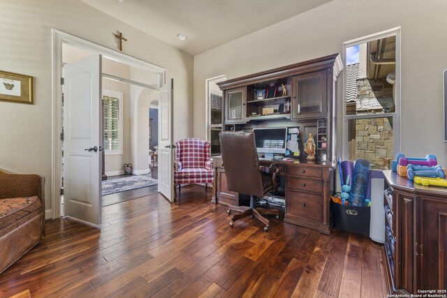 135 Penns Way, Shavano Park, TX 78231 - home office featuring hardwood / wood-style flooring, arched walkways, and baseboards