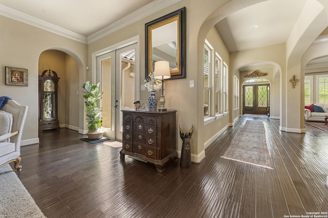 135 Penns Way, Shavano Park, TX 78231 - entryway with arched walkways, french doors, hardwood / wood-style floors, baseboards, and ornamental molding