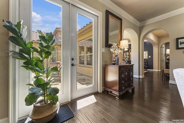 135 Penns Way, Shavano Park, TX 78231 - doorway to outside featuring arched walkways, dark wood-style flooring, crown molding, baseboards, and french doors