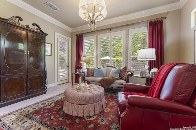 135 Penns Way, Shavano Park, TX 78231 - carpeted living area featuring a chandelier, ornamental molding, and baseboards