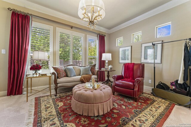 135 Penns Way, Shavano Park, TX 78231 - sitting room with baseboards, ornamental molding, a chandelier, and carpet floors