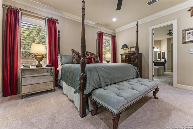 135 Penns Way, Shavano Park, TX 78231 - carpeted bedroom featuring crown molding, baseboards, ensuite bath, and a ceiling fan