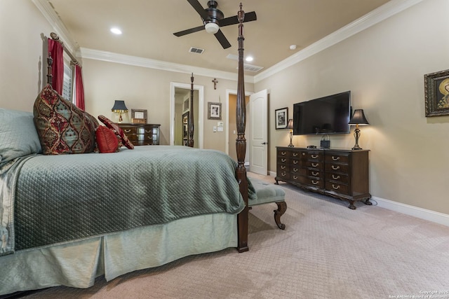 135 Penns Way, Shavano Park, TX 78231 - carpeted bedroom with crown molding, baseboards, recessed lighting, and a ceiling fan