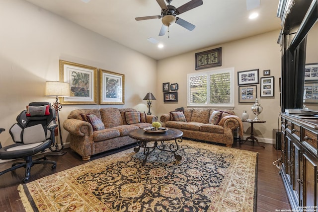 135 Penns Way, Shavano Park, TX 78231 - living room with baseboards, a ceiling fan, dark wood finished floors, and recessed lighting