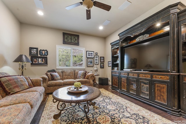 135 Penns Way, Shavano Park, TX 78231 - living area featuring dark wood-type flooring, a ceiling fan, and recessed lighting