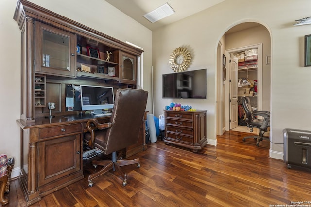 135 Penns Way, Shavano Park, TX 78231 - home office featuring dark wood-type flooring, arched walkways, and baseboards