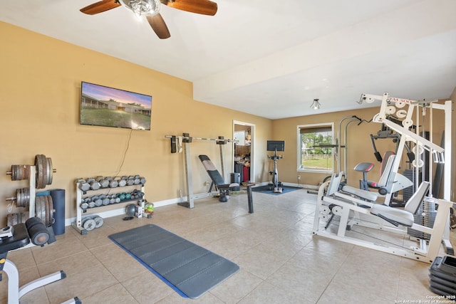 25 Zoeller Ln, Boerne, TX 78006 - workout area featuring tile patterned flooring, a ceiling fan, and baseboards