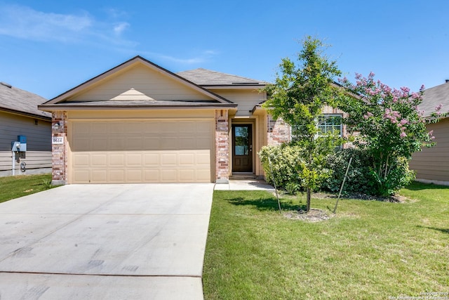 9614 Tupelo Holw, San Antonio, TX 78254 - single story home with driveway, an attached garage, a front lawn, and brick siding