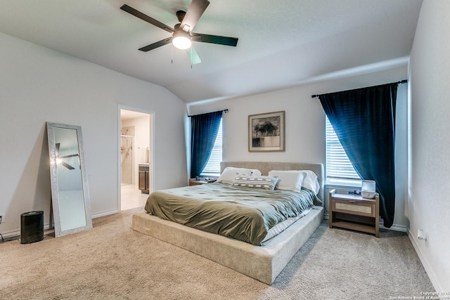 9614 Tupelo Holw, San Antonio, TX 78254 - bedroom featuring carpet, lofted ceiling, baseboards, ceiling fan, and connected bathroom