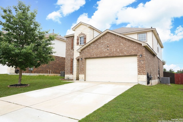 12890 Limestone Way, San Antonio, TX 78253 - traditional-style home featuring a garage, brick siding, concrete driveway, cooling unit, and stone siding