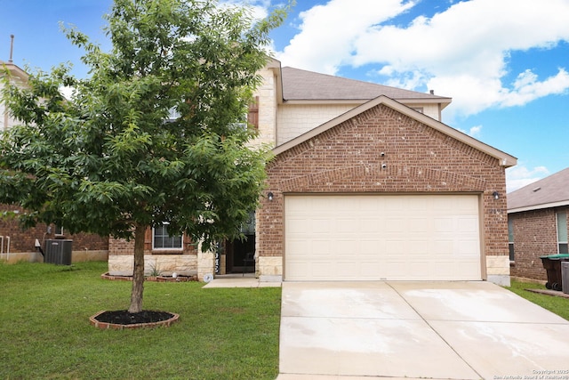 12890 Limestone Way, San Antonio, TX 78253 - view of property hidden behind natural elements featuring concrete driveway, a front yard, brick siding, and an attached garage