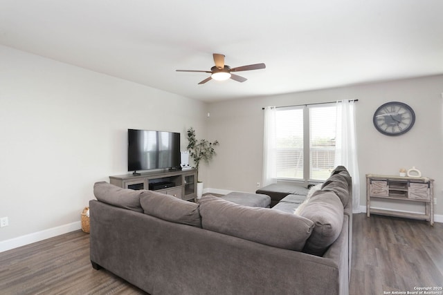 12890 Limestone Way, San Antonio, TX 78253 - living room featuring a ceiling fan, baseboards, and wood finished floors