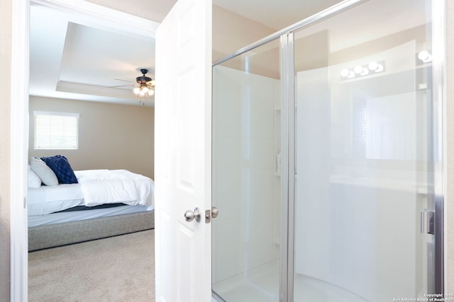 12890 Limestone Way, San Antonio, TX 78253 - full bathroom featuring connected bathroom, a shower stall, and a ceiling fan