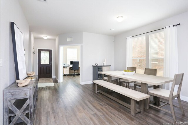 12890 Limestone Way, San Antonio, TX 78253 - dining space featuring dark wood-style floors, baseboards, and a desk