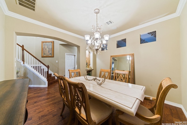 26019 Meadowlark Bay, San Antonio, TX 78260 - dining space with hardwood / wood-style flooring, arched walkways, stairs, crown molding, and a chandelier