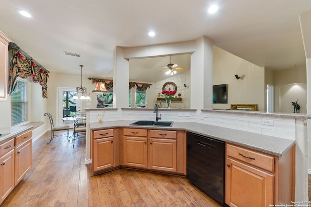 26019 Meadowlark Bay, San Antonio, TX 78260 - kitchen featuring a sink, black dishwasher, lofted ceiling, light wood finished floors, and ceiling fan