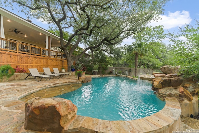 26019 Meadowlark Bay, San Antonio, TX 78260 - view of swimming pool featuring a fenced backyard, a ceiling fan, and a patio