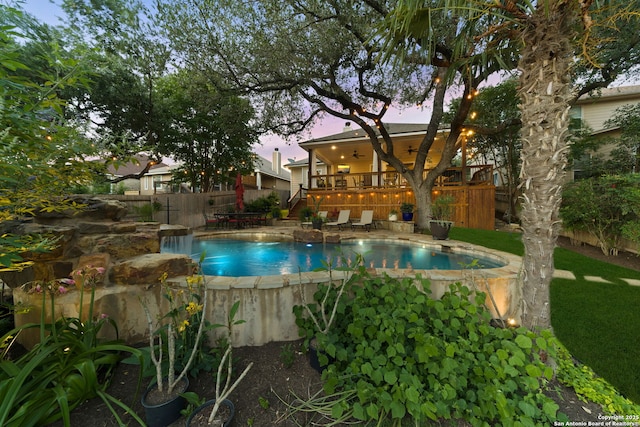 26019 Meadowlark Bay, San Antonio, TX 78260 - view of swimming pool featuring ceiling fan, fence, a wooden deck, and stairway