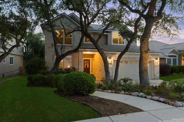 26019 Meadowlark Bay, San Antonio, TX 78260 - traditional-style home featuring stone siding, a front yard, and a shingled roof