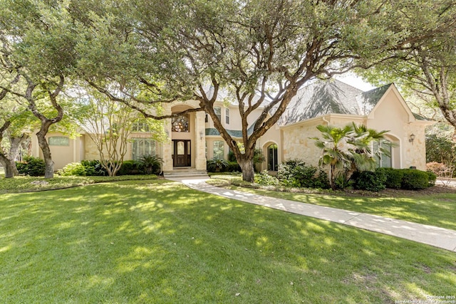132 Long Bow Rd, Shavano Park, TX 78231 - view of front of property featuring stucco siding, stone siding, and a front yard