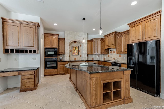 132 Long Bow Rd, Shavano Park, TX 78231 - kitchen with black appliances, a sink, decorative backsplash, a kitchen island, and dark stone counters