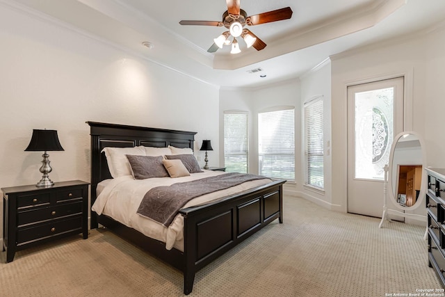 132 Long Bow Rd, Shavano Park, TX 78231 - bedroom featuring a tray ceiling, ornamental molding, light carpet, ceiling fan, and baseboards
