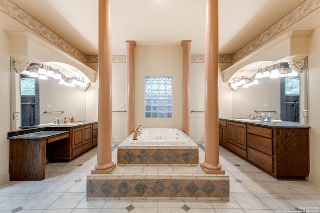 132 Long Bow Rd, Shavano Park, TX 78231 - full bath featuring ornate columns, a tub with jets, two vanities, and healthy amount of natural light