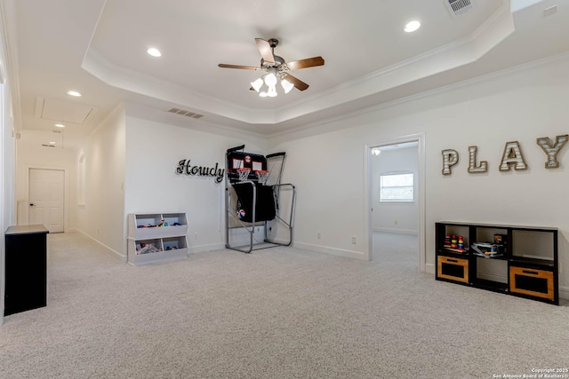 132 Long Bow Rd, Shavano Park, TX 78231 - workout area featuring attic access, a raised ceiling, a ceiling fan, ornamental molding, and carpet flooring