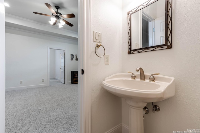 132 Long Bow Rd, Shavano Park, TX 78231 - bathroom with ceiling fan, ornamental molding, and baseboards