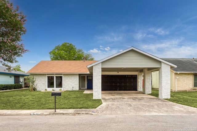 single story home with a garage, a front yard, concrete driveway, stone siding, and a shingled roof