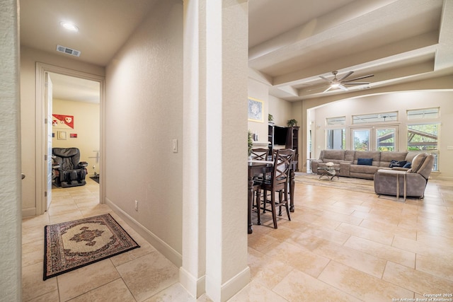 4438 Saddle Spur, San Antonio, TX 78253 - hall featuring tile patterned flooring, beamed ceiling, and a textured wall
