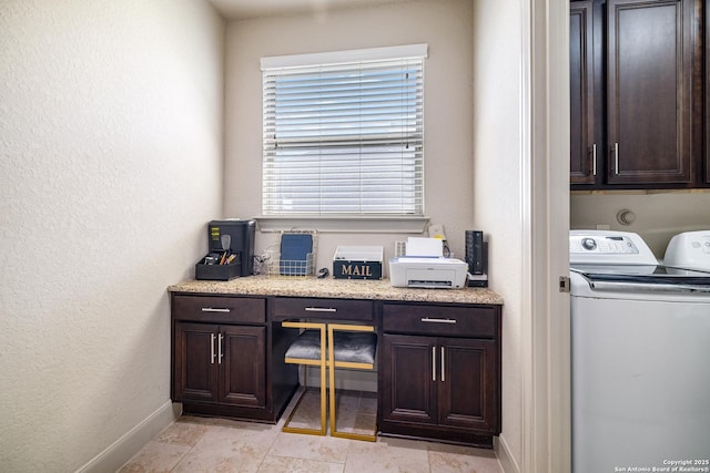 4438 Saddle Spur, San Antonio, TX 78253 - laundry area featuring washer and clothes dryer, cabinet space, an office area, and baseboards