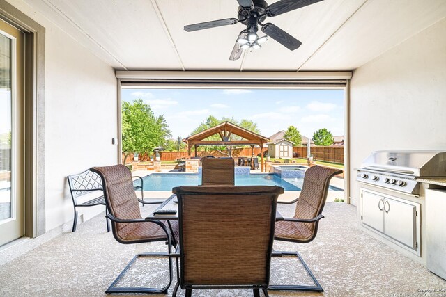 4438 Saddle Spur, San Antonio, TX 78253 - view of patio featuring a gazebo, area for grilling, a fenced backyard, a ceiling fan, and a shed