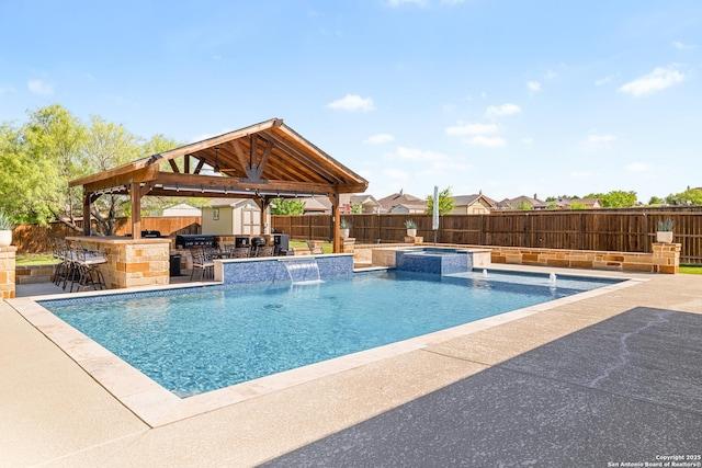 4438 Saddle Spur, San Antonio, TX 78253 - view of pool featuring a fenced backyard, a gazebo, a patio area, an outbuilding, and a pool with connected hot tub