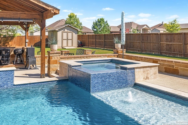 4438 Saddle Spur, San Antonio, TX 78253 - view of swimming pool featuring a storage unit, an outbuilding, a patio area, a residential view, and a pool with connected hot tub