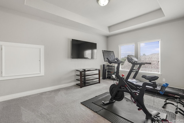 8823 Hideout, San Antonio, TX 78254 - exercise area with a tray ceiling, baseboards, and light colored carpet