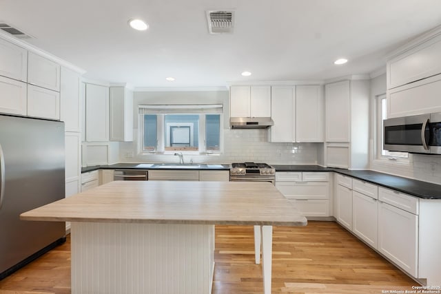 129 Elmview, Alamo Heights, TX 78209 - kitchen with appliances with stainless steel finishes, under cabinet range hood, a sink, decorative backsplash, and dark countertops